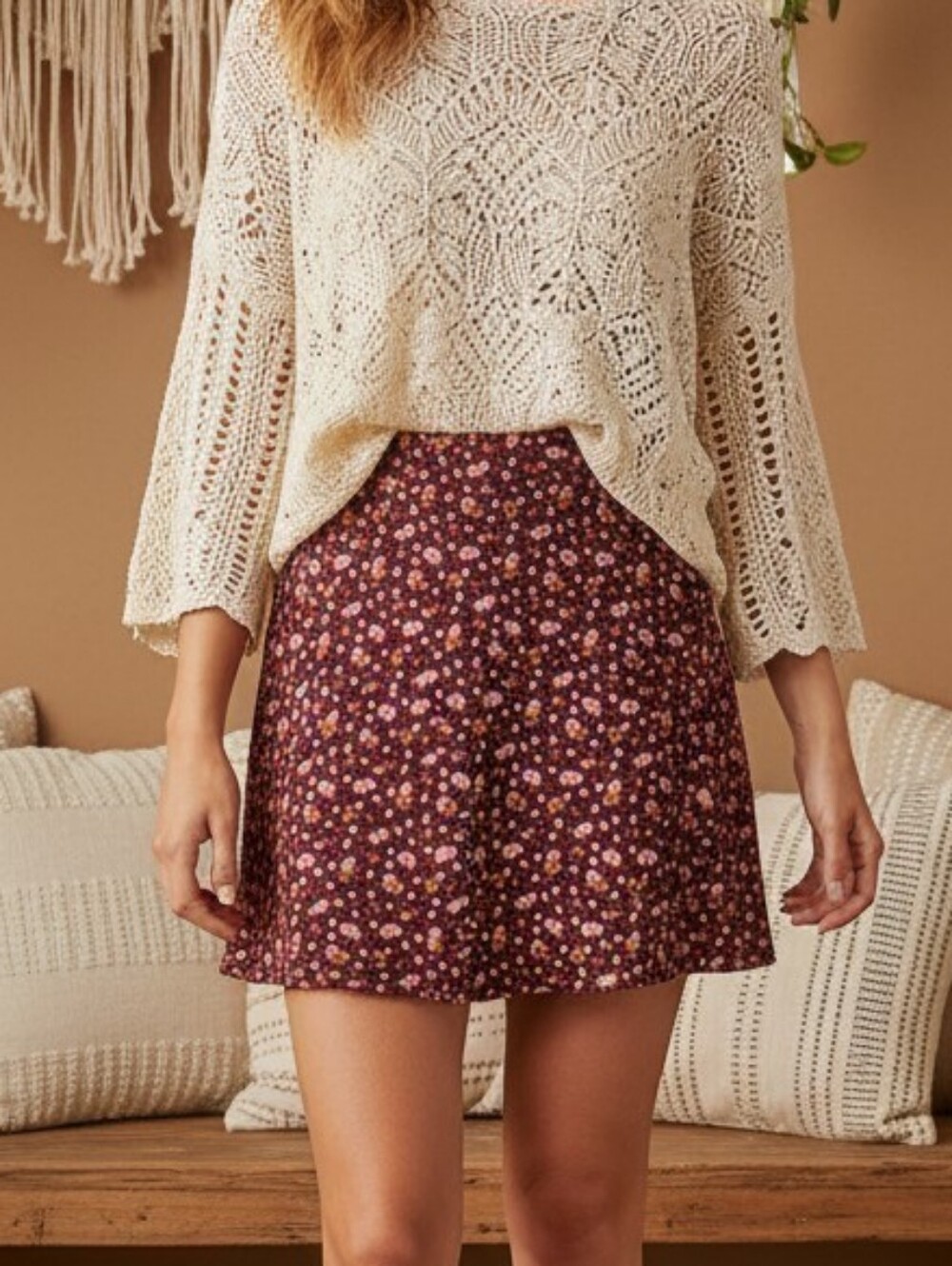 Free People Ultra Soft Burgundy Floral Boho Mini Skirt W Side Zip Size 6